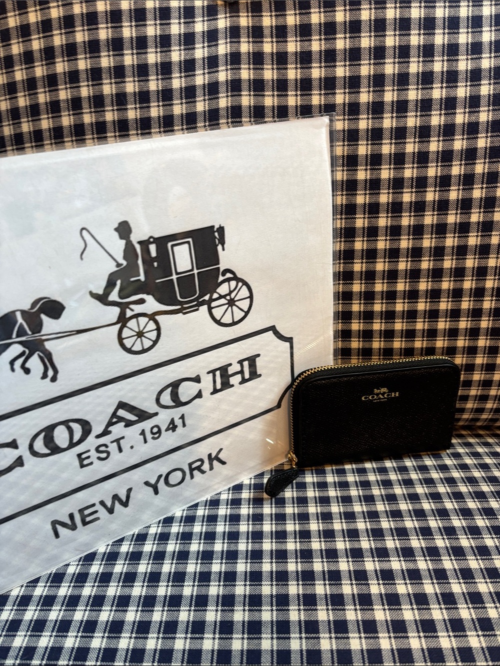 Coach small Black Pebbled Leather Zip Card Case with Gold Hardware